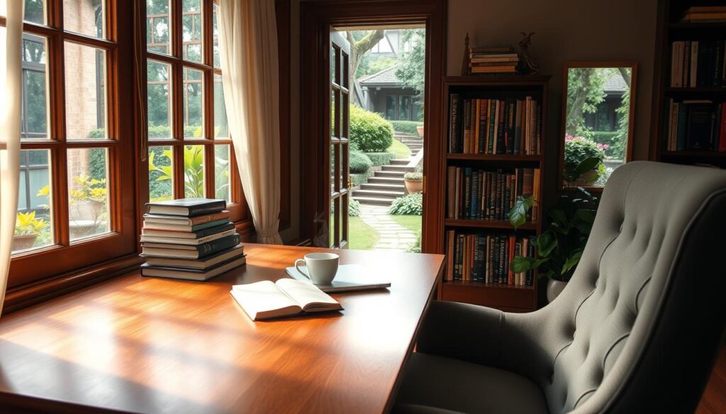A cozy, well-lit study nook with a large, wood-framed window overlooking a lush, verdant garden. Soft, natural light filters through sheer curtains, casting a warm glow on the desk, where a stack of books, a laptop, and a mug of steaming tea sit atop a polished, oak surface. In the foreground, a comfortable, high-backed chair invites the viewer to settle in and focus. The middle ground features a bookshelf filled with a diverse collection of tomes, while the background showcases the serene, outdoor oasis, with vibrant greenery and a hint of a winding path leading to a peaceful retreat. The overall atmosphere exudes a sense of tranquility, focus, and intellectual stimulation, perfectly capturing the essence of an ideal study environment. A cozy, well-lit study nook with a large, wood-framed window overlooking a lush, verdant garden. Soft, natural light filters through sheer curtains, casting a warm glow on the desk, where a stack of books, a laptop, and a mug of steaming tea sit atop a polished, oak surface. In the foreground, a comfortable, high-backed chair invites the viewer to settle in and focus. The middle ground features a bookshelf filled with a diverse collection of tomes, while the background showcases the serene, outdoor oasis, with vibrant greenery and a hint of a winding path leading to a peaceful retreat. The overall atmosphere exudes a sense of tranquility, focus, and intellectual stimulation, perfectly capturing the essence of an ideal study environment.