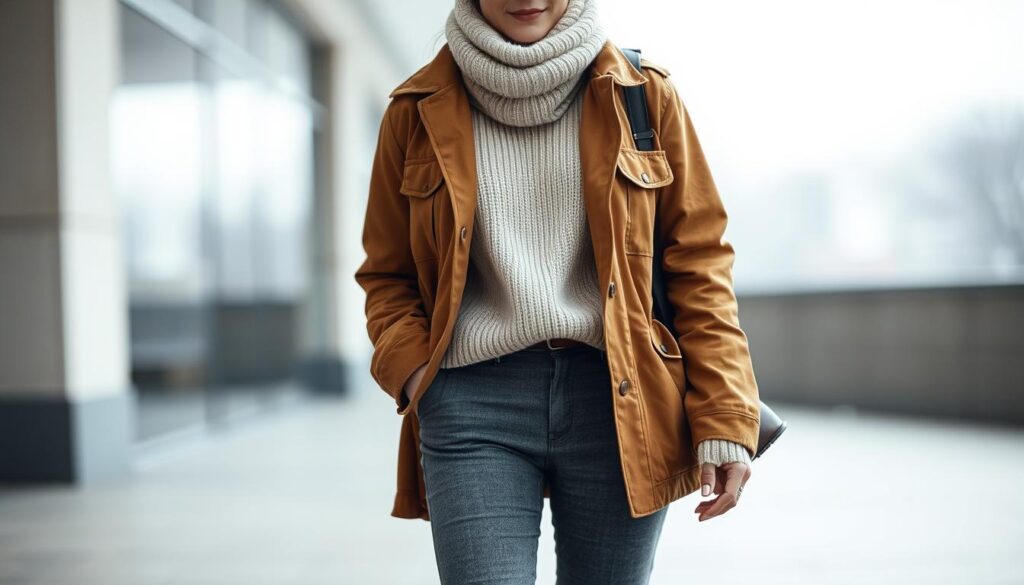 A cozy winter outfit with neutral layers for everyday style. A warm beige sweater with a relaxed fit, paired with slim-fit gray wool pants. Layered over this, a tan utility jacket with a subtle sheen, cinched at the waist. Accessories include a thick ivory scarf, a matching beanie, and leather boots in a deep chestnut shade. The lighting is soft and diffused, creating a gentle, inviting atmosphere. The camera angle is at eye level, capturing the outfit in a natural, realistic manner. Overall, the look conveys a sense of effortless sophistication, perfect for navigating the crisp, wintry conditions.