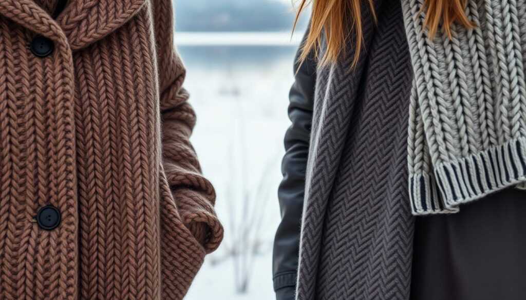 A crisp, chilly winter day with a soft, muted color palette. In the foreground, intricately textured fabrics like thick wool, plush cashmere, and supple leather come together in a cozy layered ensemble. The mid-ground features a variety of patterns and weaves, from herringbone to cable knit, creating a visually interesting depth. In the background, a subtle snowy landscape with muted blues and grays sets the wintery mood. Warm, diffused lighting casts a gentle glow, highlighting the luxurious textures and inviting the viewer to bundle up in these effortless cold weather fashions.
