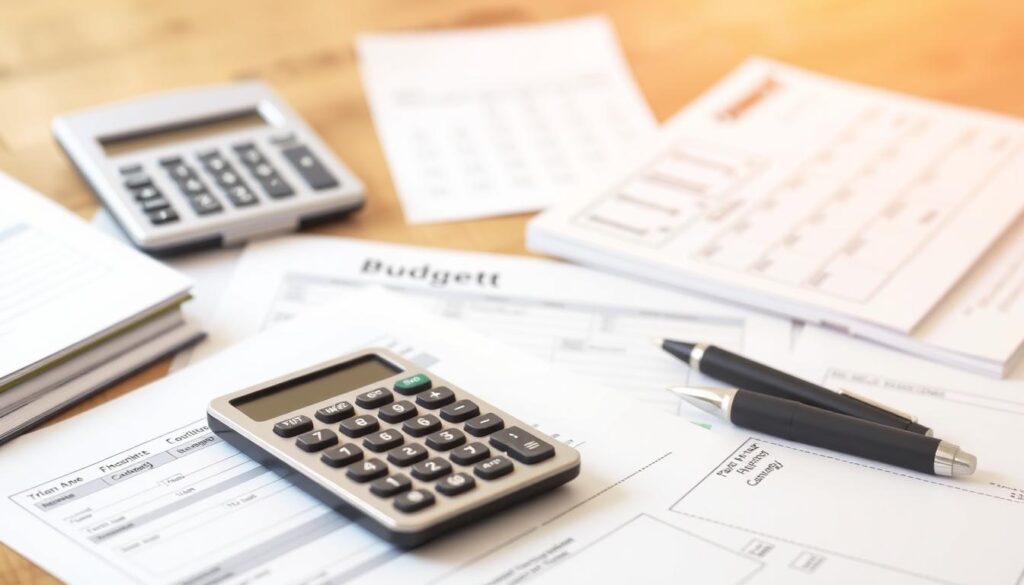 A detailed budget plan laid out on a wooden desk, with a calculator, pen, and neatly organized financial documents in the foreground. In the middle ground, a calendar and to-do list provide a sense of organization and planning. The background is softly blurred, with a warm, natural lighting that creates a calm and focused atmosphere, reflecting the thoughtful process of setting realistic budget categories.