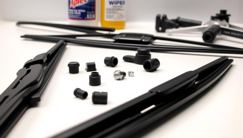 A detailed close-up of various windshield wiper parts and accessories, arranged neatly on a clean, well-lit surface. In the foreground, a set of new wiper blades, rubber squeegees, and connectors. In the middle ground, a wiper arm, pivot joints, and a metal wiper frame. In the background, a bottle of wiper fluid and a specialized tool for installing the wipers. The lighting is soft and even, highlighting the textures and materials of the components. The overall scene conveys a sense of organization and professionalism, suitable for illustrating the "Essential Tools and Materials" section of an article on replacing windshield wipers.