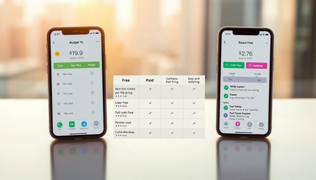 A detailed comparison of budgeting apps, showcased in a sleek and modern digital interface. In the foreground, two smartphones display the user interfaces of a free and a paid budgeting app, side by side, highlighting their key features and capabilities. The middle ground features a clean, minimalist table with columns comparing the app's pricing, functionalities, and user ratings. The background depicts a serene, blurred cityscape, with subtle lines and shapes that complement the digital theme. The lighting is warm and inviting, creating a professional and informative atmosphere suitable for an educational finance article.