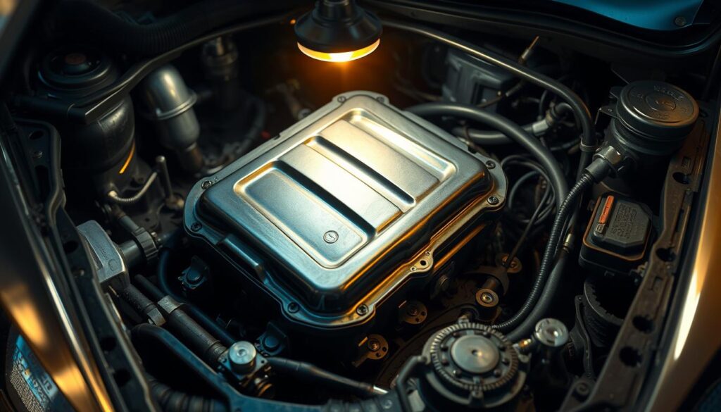 A detailed, photorealistic image of a car's oil pan undergoing maintenance. The scene is set in a dimly lit garage, with a lone mechanic's work light casting a warm glow over the engine bay. The oil pan, a distinct metallic shape, is the focal point, surrounded by scattered tools and parts. The engine block and surrounding components are rendered with exacting precision, showcasing the intricate engineering of the vehicle. The overall atmosphere is one of focused concentration, with a sense of the mechanic's skilled hands at work. The image captures the technical complexity and importance of proper oil pan maintenance in the context of a car's routine service.