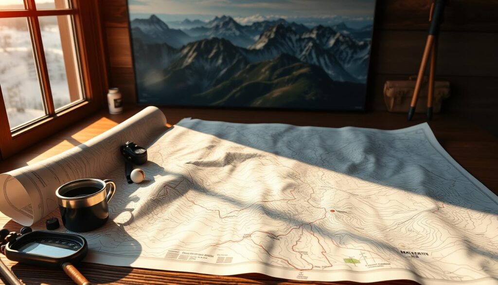 A detailed trail map unfurled on a wooden table, illuminated by warm, natural lighting from a nearby window. The winding paths and elevation contours stand out in crisp detail, inviting the viewer to plan an adventurous mountain hiking route. Compass, hiking poles, and a mug of steaming coffee lend a sense of preparedness, while a panoramic landscape painting in the background suggests the sweeping vistas that await. The overall mood is one of quiet contemplation and eager anticipation, perfectly suited for the "Planning Your Route and Itinerary" section of the "Discover Breathtaking Mountain Hikes" article.