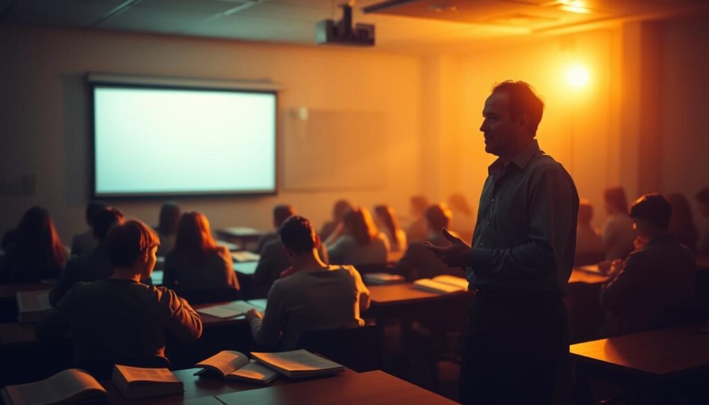 A dimly lit classroom, desks arranged in rows, students hunched over their books, faces illuminated by the glow of a projector screen. In the foreground, a teacher stands, gesturing emphatically, their expression one of exasperation. The background is hazy, a sense of disengagement and boredom permeating the scene. Soft, warm lighting casts shadows, creating a melancholic atmosphere. The image conveys the failure of traditional study methods, the disconnection between educator and student, and the need for more effective learning techniques. A dimly lit classroom, desks arranged in rows, students hunched over their books, faces illuminated by the glow of a projector screen. In the foreground, a teacher stands, gesturing emphatically, their expression one of exasperation. The background is hazy, a sense of disengagement and boredom permeating the scene. Soft, warm lighting casts shadows, creating a melancholic atmosphere. The image conveys the failure of traditional study methods, the disconnection between educator and student, and the need for more effective learning techniques.
