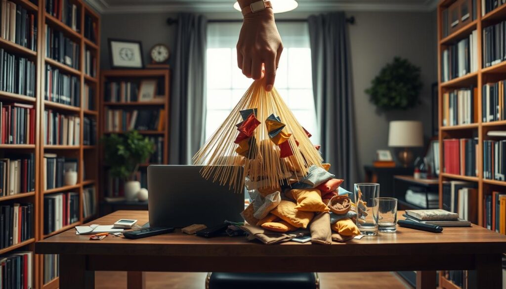 A dimly lit home office, bookshelves lining the walls. On the wooden desk, a laptop and a glass of water. The background is blurred, emphasizing the task at hand. A large hand reaches out, sweeping away a pile of snacks, mobile phones, and other digital distractions, clearing the workspace. The scene conveys a sense of focus and determination, as the individual removes temptations to create a conducive environment for productivity and self-discipline.
