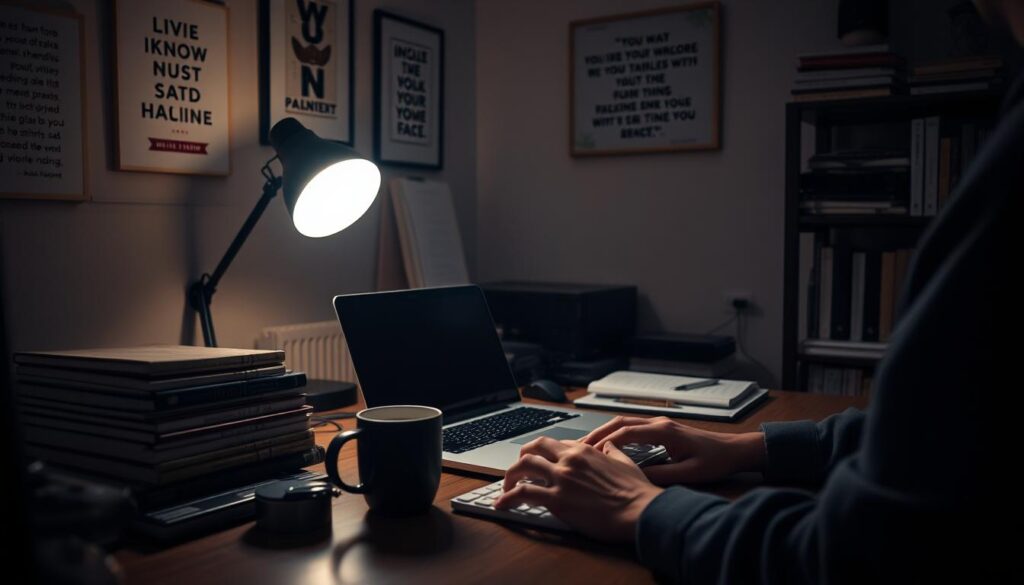 A dimly lit home office, the soft glow of a desk lamp illuminating a meticulously organized workspace. On the desk, a laptop, a stack of notebooks, and a mug of steaming coffee. The walls are adorned with inspiring quotes and tidy shelves of reference materials. In the foreground, a person's hands diligently typing, their focus unwavering as they navigate their daily tasks with precision and dedication. The atmosphere is one of quiet determination, a sense of industrious discipline permeating the scene.