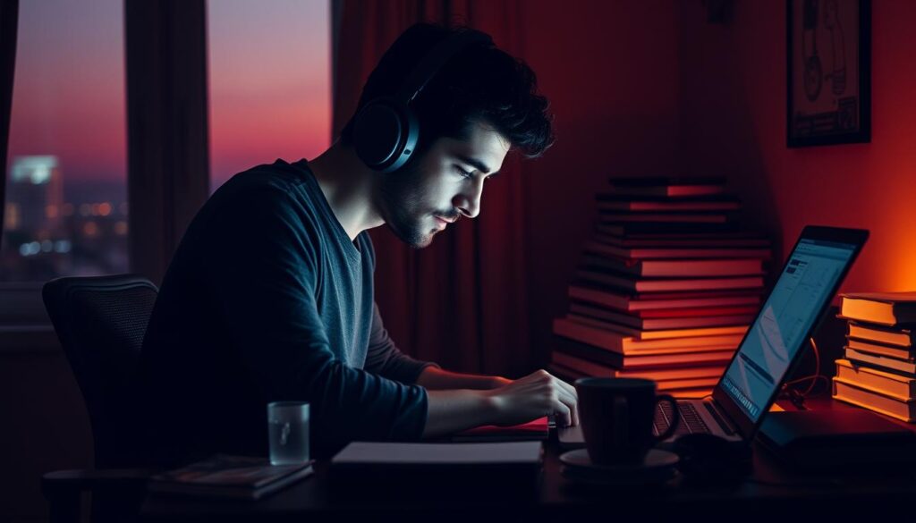 A dimly lit home office, the soft glow of a laptop screen illuminating the face of a focused individual engrossed in deep concentration. Surrounding them, a cluttered desk with stacks of books, a cup of coffee, and a pair of noise-cancelling headphones - tools of the trade for a dedicated practitioner of deep work. The room is bathed in a warm, amber hue, creating an atmosphere of quiet contemplation and intellectual immersion. Through the window, the faint outline of a cityscape can be seen, a reminder of the world beyond, but one that is purposefully shut out in pursuit of uninterrupted, high-impact productivity.