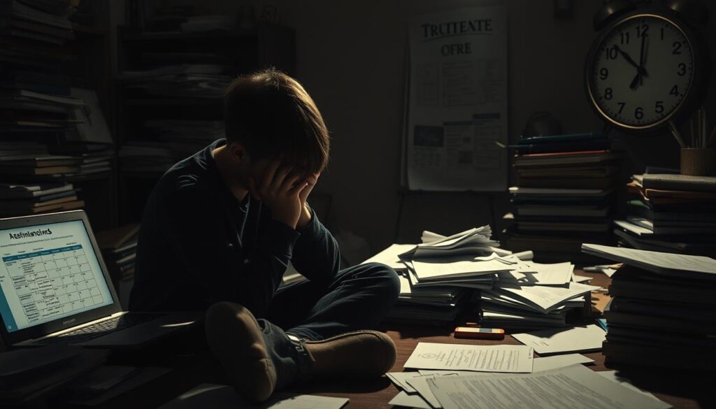 A dimly lit study space, papers and books scattered haphazardly, a laptop with an unfinished assignment open. In the foreground, a young student sits hunched over, face buried in hands, overwhelmed by the weight of unmet deadlines. The middle ground shows a calendar with due dates circled, a growing pile of incomplete work. In the background, a clock ticks away, the hours lost to distraction and procrastination. Moody lighting casts long shadows, conveying a sense of anxiety and the consequences of postponing important tasks. A somber, melancholic atmosphere pervades the scene, emphasizing the negative impact of procrastination on academic performance.