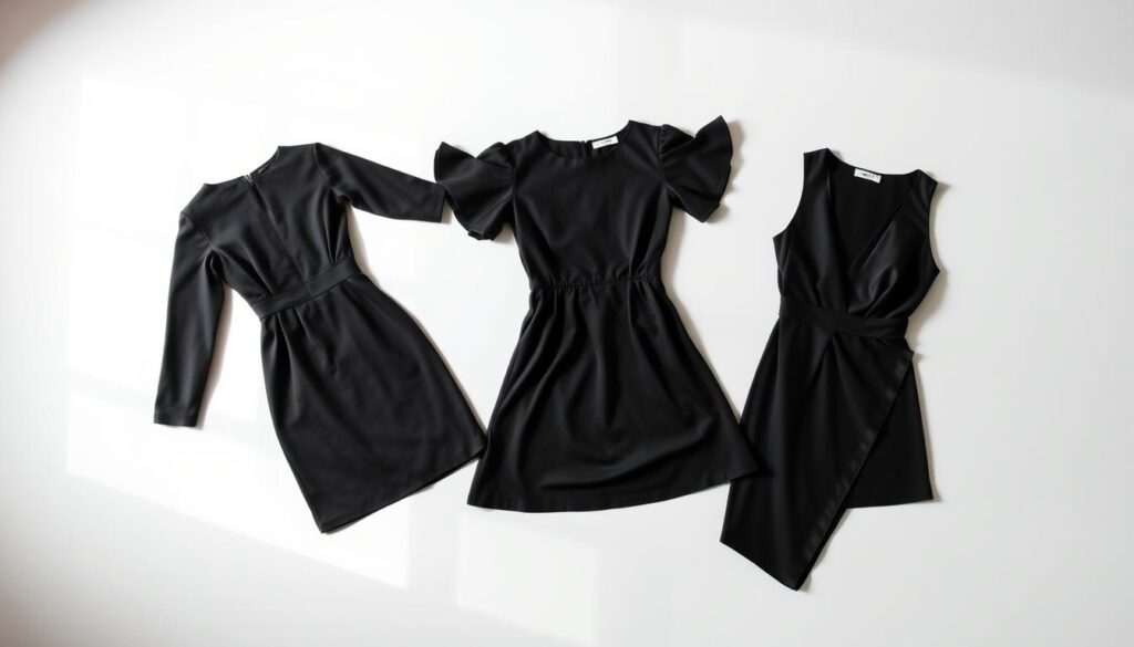 A fashion flat lay showcasing three distinctive sleeve options for a little black dress: a long-sleeved variant with a fitted silhouette, a short-sleeved option with a playful flutter detail, and a sleeveless design featuring a modern asymmetrical neckline. The garments are artfully arranged on a clean, minimalist background, bathed in soft, directional lighting that highlights the luxurious textures and refined tailoring. The overall mood is one of effortless sophistication, inviting the viewer to explore the versatility of this wardrobe staple.