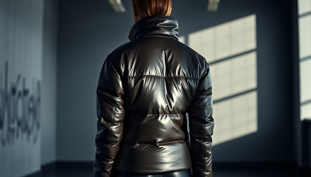 A fashionable figure stands in a stylish studio, donning a sleek, faux leather puffer jacket. The garment's glossy texture shimmers under dramatic lighting, casting alluring shadows across the scene. The jacket's voluminous silhouette is balanced by a tailored fit, accentuating the model's frame. In the background, a muted palette of grays and blacks creates a minimalist, urban setting, allowing the jacket to take center stage. The overall atmosphere is one of refined, wintertime elegance - a perfect embodiment of the "Faux Leather, Puffer Jackets, and Trendy Textures" section theme.