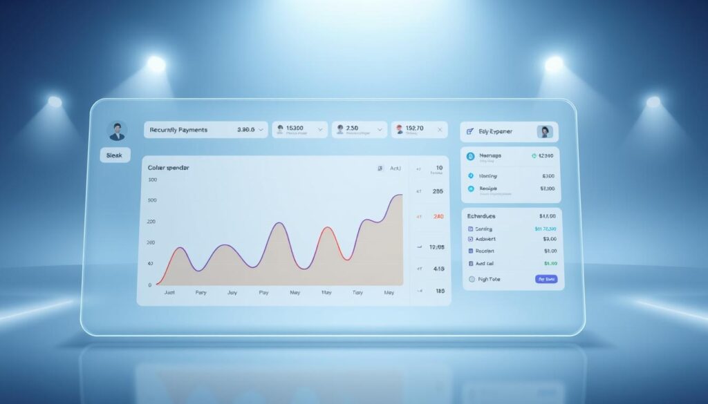 A glossy, futuristic digital expense tracker interface, with a clean and minimalist design. The foreground features a large, interactive graph displaying monthly spending trends, color-coded by expense category. The middle ground showcases sleek expense management tools, such as a recurring payment scheduler and a receipt scanner. The background subtly blends shades of blue and gray, creating a calming, high-tech atmosphere. Soft, diffused lighting emanates from hidden sources, casting a gentle glow on the digital elements. The overall impression is one of a sophisticated, efficient, and user-friendly expense tracking system, perfectly suited for the modern, on-the-go professional.