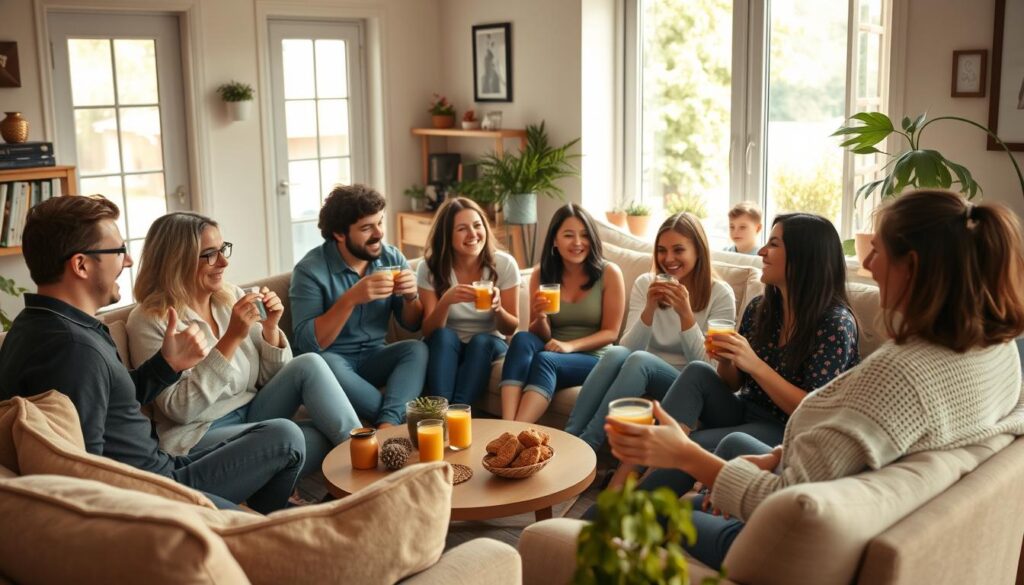 A group of friends gathered in a cozy living room, engaged in lively conversation and laughter. Soft natural light filters through large windows, casting a warm glow on the scene. The setting evokes a sense of comfort and connection, with plush furniture, vibrant plants, and personal mementos scattered around. In the foreground, people are seated facing each other, hands gesturing animatedly as they share stories and catch up. The middle ground reveals a relaxed, casual atmosphere, with people sipping warm beverages and snacking on homemade treats. The background suggests a serene, inviting space, with glimpses of a peaceful outdoor scene beyond the windows. The overall mood is one of joyful, nurturing social interaction - a celebration of the restorative power of meaningful connection. A group of friends gathered in a cozy living room, engaged in lively conversation and laughter. Soft natural light filters through large windows, casting a warm glow on the scene. The setting evokes a sense of comfort and connection, with plush furniture, vibrant plants, and personal mementos scattered around. In the foreground, people are seated facing each other, hands gesturing animatedly as they share stories and catch up. The middle ground reveals a relaxed, casual atmosphere, with people sipping warm beverages and snacking on homemade treats. The background suggests a serene, inviting space, with glimpses of a peaceful outdoor scene beyond the windows. The overall mood is one of joyful, nurturing social interaction - a celebration of the restorative power of meaningful connection.