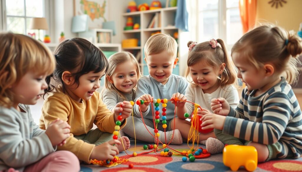 A group of young children engaged in a fine motor skills activity, such as threading colorful beads onto a string or manipulating small objects with their fingers. The scene is set in a bright, inviting playroom with cheerful colors and textures, bathed in warm, natural lighting from large windows. The children's faces exude concentration and joy as they work on developing their fine motor coordination and dexterity. The background features educational toys, shelves of books, and a colorful rug, creating a nurturing and stimulating learning environment. A group of young children engaged in a fine motor skills activity, such as threading colorful beads onto a string or manipulating small objects with their fingers. The scene is set in a bright, inviting playroom with cheerful colors and textures, bathed in warm, natural lighting from large windows. The children's faces exude concentration and joy as they work on developing their fine motor coordination and dexterity. The background features educational toys, shelves of books, and a colorful rug, creating a nurturing and stimulating learning environment.