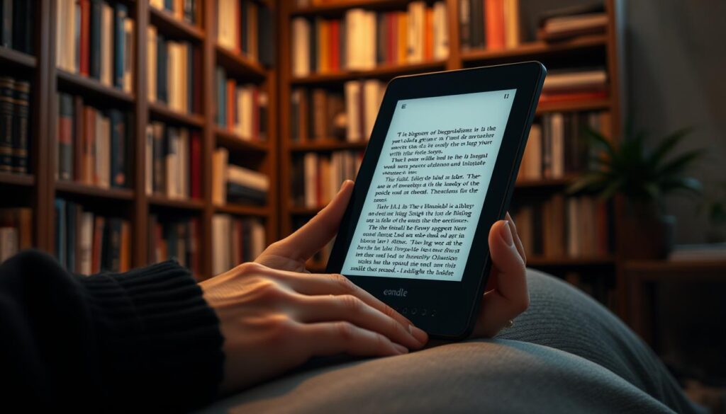 A high-quality e-reader with a sleek, minimalist design, its built-in lighting softly illuminating the perfectly rendered, crisp e-ink display. The device rests comfortably in the user's hands, the matte black or silver metal housing reflecting the warm, cozy lighting of the room. In the background, bookshelves filled with classic and modern titles stand as a testament to the e-reader's ability to store an entire library in a single, portable device. The scene conveys a sense of relaxation and intellectual engagement, the perfect companion for avid readers on-the-go or enjoying a quiet evening at home.