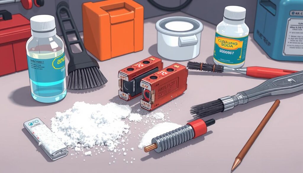 A high-resolution, detailed image of a battery terminal cleaning guide. Crisp, bright lighting illuminates the scene, with the battery terminals taking center stage against a clean, organized workspace. The terminals are covered in corrosion, with a set of wire brushes, baking soda, and a cleaning solution visible, ready to be used for the maintenance task. The image conveys a sense of simplicity and practicality, guiding the viewer through the steps of properly cleaning and maintaining the battery terminals for improved electrical system performance. A high-resolution, detailed image of a battery terminal cleaning guide. Crisp, bright lighting illuminates the scene, with the battery terminals taking center stage against a clean, organized workspace. The terminals are covered in corrosion, with a set of wire brushes, baking soda, and a cleaning solution visible, ready to be used for the maintenance task. The image conveys a sense of simplicity and practicality, guiding the viewer through the steps of properly cleaning and maintaining the battery terminals for improved electrical system performance.
