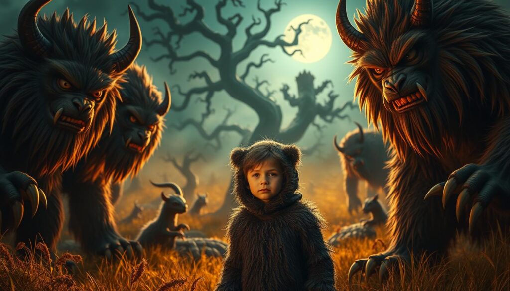 A lush, fantastical landscape, where the wild things roam. In the foreground, a young boy, Max, wearing a wolf costume, stands amidst towering, monstrous creatures with wild, expressive features. Their eyes glimmer with a mix of playfulness and mischief, their bodies adorned with fur, horns, and sharp claws. The middle ground is filled with an enchanted forest, with gnarled, twisted trees and a mysterious, moonlit sky. The background fades into a dreamlike haze, hinting at the boundless imagination of the young protagonist. Warm, golden lighting casts a cozy, storybook-like atmosphere, capturing the whimsical and innocent spirit of this beloved children's classic.