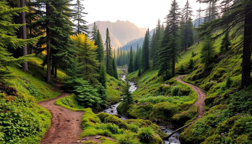 A lush, verdant coastal forest with winding hiking trails that meander through a serene, natural landscape. The foreground showcases a well-trodden path, flanked by towering evergreen trees and a gentle stream flowing nearby. The middle ground reveals a diverse array of ferns, mosses, and wildflowers, creating a rich tapestry of colors and textures. In the background, the trails disappear into the distance, where rugged mountains rise majestically, their peaks shrouded in a soft, mist-like haze. The scene is bathed in a warm, golden light, casting a peaceful, tranquil mood, inviting the viewer to immerse themselves in the beauty of this enchanting wilderness.