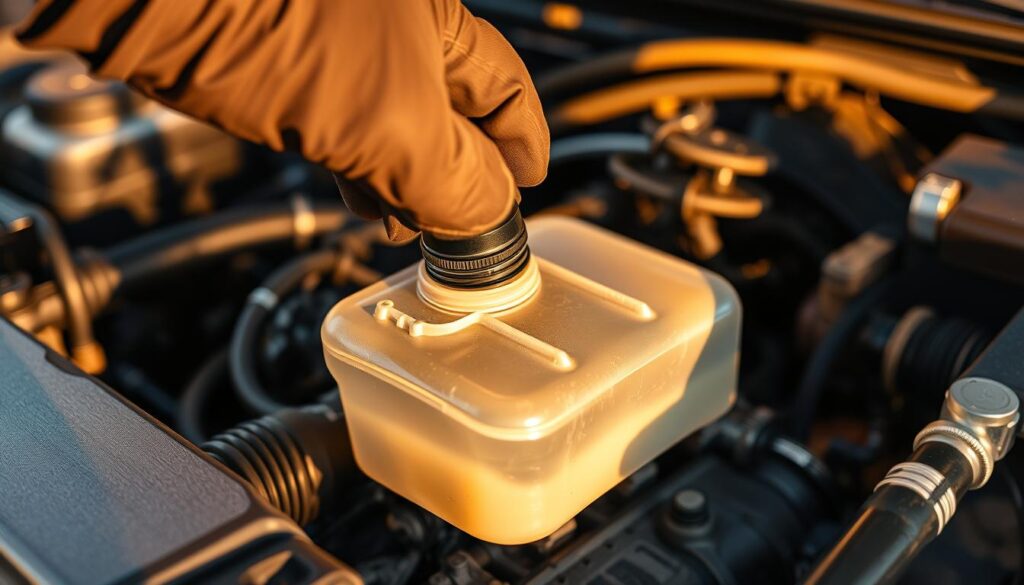 A mechanic's gloved hand carefully removes the radiator cap, revealing the clear coolant reservoir. The engine compartment is bathed in warm, golden light, casting soft shadows across the intricate network of hoses and components. The coolant level is marked by a crisp, precise line, indicating a healthy, well-maintained system. The scene conveys a sense of attentive care and diligence in monitoring a vital aspect of the vehicle's operation. A mechanic's gloved hand carefully removes the radiator cap, revealing the clear coolant reservoir. The engine compartment is bathed in warm, golden light, casting soft shadows across the intricate network of hoses and components. The coolant level is marked by a crisp, precise line, indicating a healthy, well-maintained system. The scene conveys a sense of attentive care and diligence in monitoring a vital aspect of the vehicle's operation.