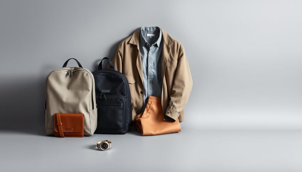 A meticulously arranged still life of minimalist packing essentials on a sleek, matte grey backdrop. In the foreground, a compact backpack, a slim leather wallet, and a classic digital watch rest side by side, their forms and textures emphasizing functional simplicity. In the middle ground, a neatly folded shirt, a pair of versatile chinos, and a lightweight jacket, all in muted tones, evoke a sense of effortless style. The background is illuminated by soft, diffused lighting, casting gentle shadows and highlighting the clean, uncluttered composition. The overall scene conveys a refined, minimalist travel philosophy, prioritizing only the most essential items for a seamless journey. A meticulously arranged still life of minimalist packing essentials on a sleek, matte grey backdrop. In the foreground, a compact backpack, a slim leather wallet, and a classic digital watch rest side by side, their forms and textures emphasizing functional simplicity. In the middle ground, a neatly folded shirt, a pair of versatile chinos, and a lightweight jacket, all in muted tones, evoke a sense of effortless style. The background is illuminated by soft, diffused lighting, casting gentle shadows and highlighting the clean, uncluttered composition. The overall scene conveys a refined, minimalist travel philosophy, prioritizing only the most essential items for a seamless journey.