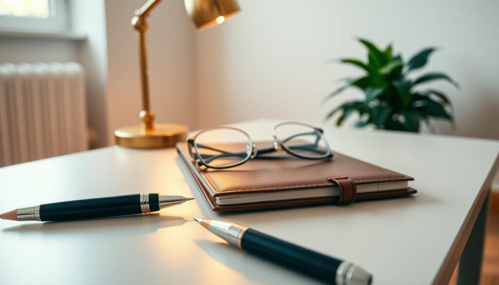 A meticulously curated arrangement of polished work accessories sits atop a sleek, minimalist desk. In the foreground, a gleaming fountain pen, a pristine leather-bound notebook, and a well-sharpened pencil rest in perfect harmony. The middle ground features a sophisticated brass desk lamp casting a warm, ambient glow, illuminating a pair of stylish wire-framed glasses and a streamlined smartphone. In the background, a lush, verdant plant adds a touch of natural elegance, while the neutral-toned walls and hardwood floors create a refined, professional atmosphere. Captured with a shallow depth of field, the scene exudes a sense of refined simplicity and understated sophistication.