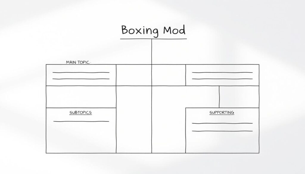 A meticulously organized, clearly structured visual representation of the "boxing method" for note-taking. A clean, minimalist layout on a bright, crisp white background, with neatly arranged geometric shapes and lines delineating the key components - main topic, subtopics, and supporting details. Careful attention to balance, symmetry, and visual hierarchy, creating a sense of order and efficiency. Warm, natural lighting casts subtle shadows, lending depth and dimensionality to the composition. The overall aesthetic is professional, contemporary, and designed to enhance the clarity and effectiveness of the note-taking technique.