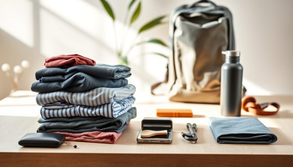 A meticulously organized collection of travel essentials on a light wooden surface, bathed in soft, natural lighting. In the foreground, a neatly folded stack of versatile clothing, juxtaposed with a compact toiletry kit, a sleek wallet, and a multi-purpose reusable water bottle. In the middle ground, a sturdy, minimalist backpack stands ready, its clean lines and muted tones hinting at its efficiency. The background reveals a subtle, yet elegant backdrop, with a hint of greenery and warm, earthy tones, conveying a sense of simplicity and practicality - the keys to a budget-conscious, yet stylish travel experience. A meticulously organized collection of travel essentials on a light wooden surface, bathed in soft, natural lighting. In the foreground, a neatly folded stack of versatile clothing, juxtaposed with a compact toiletry kit, a sleek wallet, and a multi-purpose reusable water bottle. In the middle ground, a sturdy, minimalist backpack stands ready, its clean lines and muted tones hinting at its efficiency. The background reveals a subtle, yet elegant backdrop, with a hint of greenery and warm, earthy tones, conveying a sense of simplicity and practicality - the keys to a budget-conscious, yet stylish travel experience.