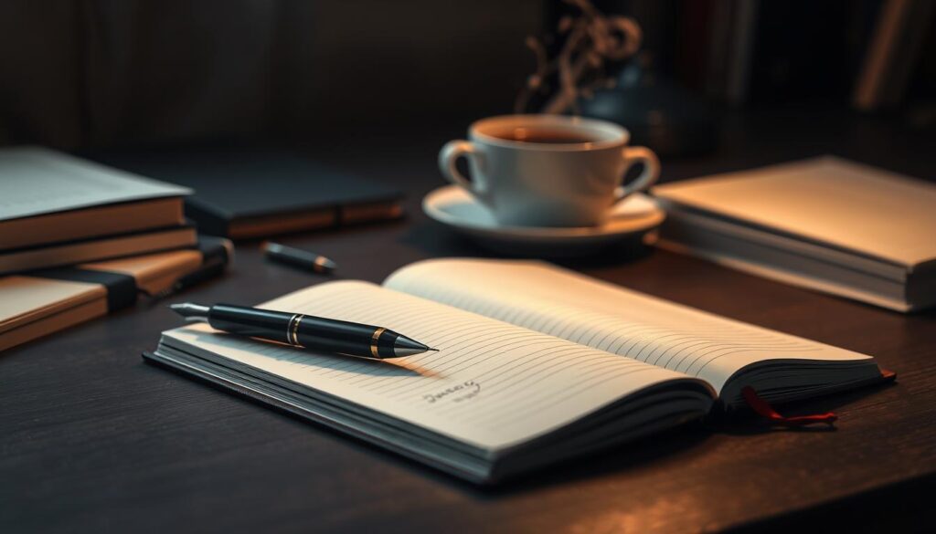 A meticulously organized desk with a pristine white notebook, its pages neatly divided into distinct sections. Elegant fountain pen poised, ready to capture the flow of ideas. Soft, warm lighting casts a contemplative glow, inviting focused attention. In the background, wisps of steam rise from a steaming cup of coffee, a subtle reminder to pause and savor the moment. The entire scene exudes a sense of purposeful productivity, a visual representation of an effective note-taking structure that empowers the mind to explore, connect, and record insights with clarity and precision.