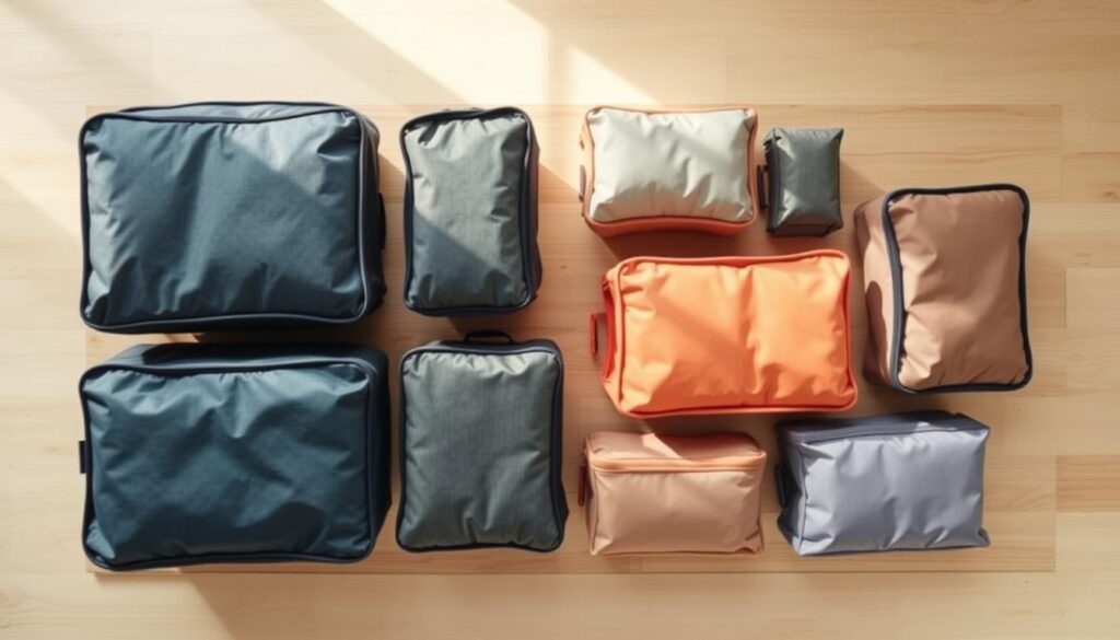 A meticulously organized set of packing cubes in assorted sizes and colors, neatly arranged on a wooden surface. The cubes are photographed from an overhead angle, showcasing their efficient organizational potential. Soft, natural lighting illuminates the scene, casting gentle shadows and highlighting the textured surfaces of the cubes. The background is a clean, minimalist space, allowing the packing cubes to be the focal point and emphasize their role in streamlining the packing process for travel. The overall mood is one of simplicity, practicality, and a sense of control over the packing experience. A meticulously organized set of packing cubes in assorted sizes and colors, neatly arranged on a wooden surface. The cubes are photographed from an overhead angle, showcasing their efficient organizational potential. Soft, natural lighting illuminates the scene, casting gentle shadows and highlighting the textured surfaces of the cubes. The background is a clean, minimalist space, allowing the packing cubes to be the focal point and emphasize their role in streamlining the packing process for travel. The overall mood is one of simplicity, practicality, and a sense of control over the packing experience.
