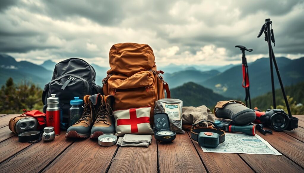 A mid-shot, wide-angle view of a neatly organized hiking gear checklist. The foreground features various essential outdoor equipment, such as a sturdy backpack, hiking boots, a compass, a water bottle, and a first-aid kit, all arranged on a wooden surface with a natural, rustic texture. The middle ground showcases hiking poles, a headlamp, and a map, while the background features a panoramic landscape of lush mountains and a cloudy, atmospheric sky, creating a sense of adventure and preparation for an outdoor expedition. The lighting is warm and natural, with a slight vignette effect to draw the viewer's focus to the central items. The overall mood is one of organization, preparedness, and the anticipation of an exciting hiking adventure.