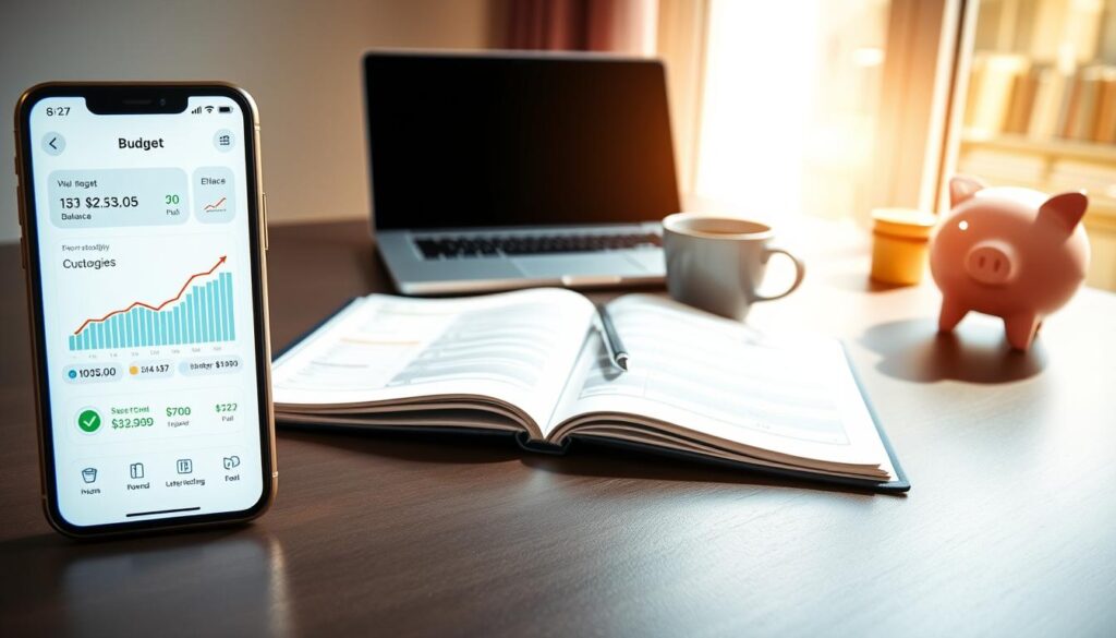 A minimalist, clean-lined composition showcasing the key features of a budgeting app. In the foreground, a smartphone display presents a user-friendly interface with intuitive icons and graphs visualizing spending categories, income, and balance. The middle ground features a ledger book with neatly organized financial records and receipts. In the background, a sleek, modern desk setup with a laptop, a cup of coffee, and a stylized piggy bank symbolizes the comprehensive personal finance management experience. Bright, natural lighting from a nearby window casts a warm glow, creating a sense of organization and productivity. The overall mood is one of simplicity, clarity, and control over one's financial well-being.