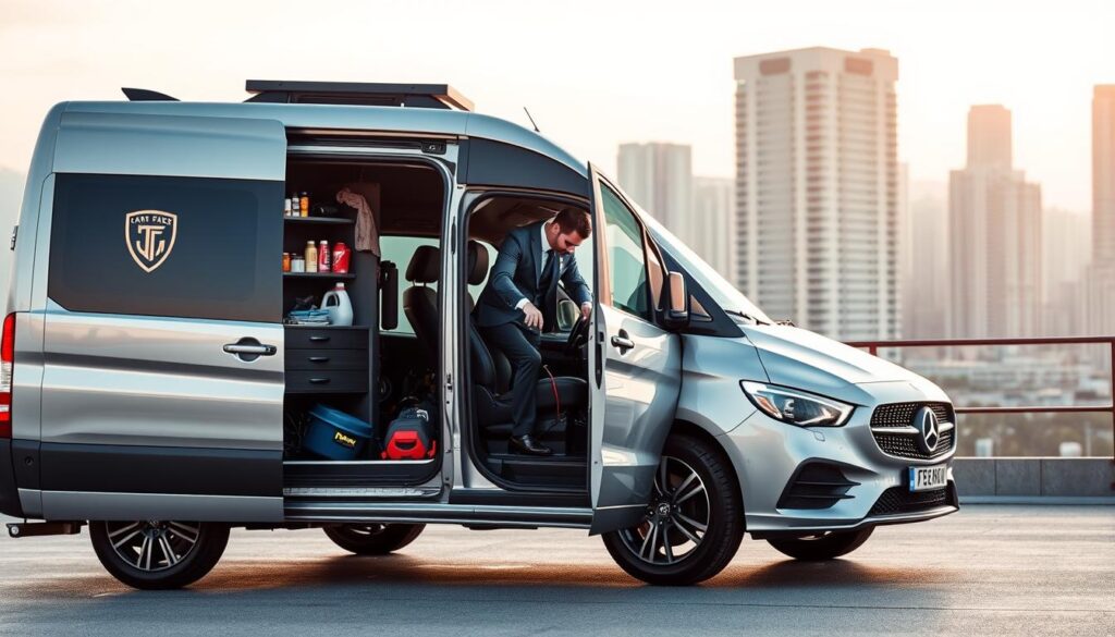 A mobile car detailing service set against a sleek, modern urban backdrop. In the foreground, a compact van with a glossy exterior emblazoned with the company logo, its side door open to reveal an array of high-quality cleaning supplies and tools. The middle ground showcases a well-dressed technician meticulously detailing the interior of a luxury sedan, using microfiber cloths and specialized vacuum attachments to achieve a spotless, showroom-like finish. The background features a cityscape of gleaming high-rises, with soft, diffused lighting creating a sophisticated, aspirational ambiance. The overall scene conveys a sense of professionalism, attention to detail, and the ability to bring a premium car-care experience directly to the customer's location.