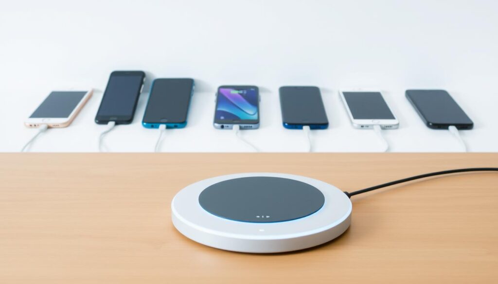 A modern and minimalist wireless charging station set against a clean, bright background. In the foreground, a sleek, circular charging pad with a subtle LED indicator light rests on a minimalist wooden or glass surface. In the middle ground, an assortment of compatible smartphones and devices are neatly arranged, their screens faintly illuminated as they charge wirelessly. The background features a plain white or light gray wall, creating a sense of simplicity and order. The overall scene conveys a sense of convenience, organization, and the future of cord-free power solutions.
