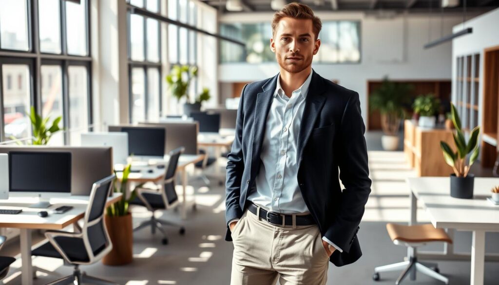 A modern and stylish open-plan office setting, with natural lighting streaming through large windows. In the foreground, a fashionable model wearing a well-tailored blazer, crisp button-down shirt, and slim-fit trousers, effortlessly blending comfort and sophistication. The middle ground features a mix of ergonomic desks, potted plants, and minimalist decor, creating a harmonious work environment. In the background, a neutral color palette with touches of warm wood accents, conveying a sense of relaxed professionalism. The overall atmosphere is one of elevated style, productivity, and a balance between trends and practicality.
