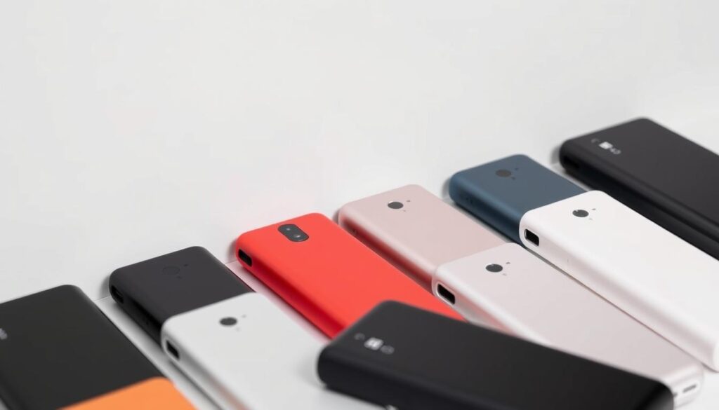A modern array of sleek, compact power banks in various colors and designs, neatly arranged against a minimalist backdrop. The power banks are displayed at an angle, with a soft, even lighting that highlights their smooth surfaces and rounded edges. The composition emphasizes the portability and versatility of these essential tech accessories, perfect for the tech-savvy traveler on the go. The overall mood is one of sophistication, efficiency, and a touch of urban style.