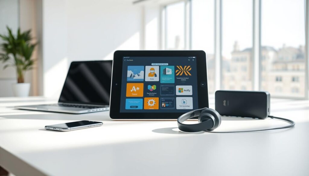 A modern, minimalist digital workspace featuring an array of cutting-edge learning tools. In the foreground, a sleek tablet rests on a minimalist desk, its screen displaying interactive educational content. In the middle ground, a laptop and smartphone sit alongside a pair of wireless headphones, symbolizing the integration of technology in the learning process. The background showcases a clean, well-lit room with large windows, allowing natural light to flood the space and create a sense of openness and clarity. The overall composition conveys a harmonious blend of technology and learning, reflecting the power of digital tools to revolutionize the way students engage with and absorb information.