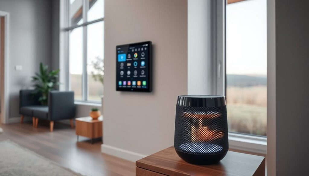 A modern, minimalist home interior with sleek, sophisticated smart home devices. In the foreground, a stylish smart speaker sits atop a wooden side table, its LED lights casting a warm glow. In the middle ground, a touchscreen smart home control panel is mounted on the wall, its user interface displaying various home automation features. In the background, a large window offers a view of a tranquil, natural landscape, complementing the clean, high-tech aesthetic. The lighting is soft and indirect, creating a calm, inviting atmosphere. The camera angle is slightly elevated, giving a bird's-eye view of the harmonious integration of technology and home design.
