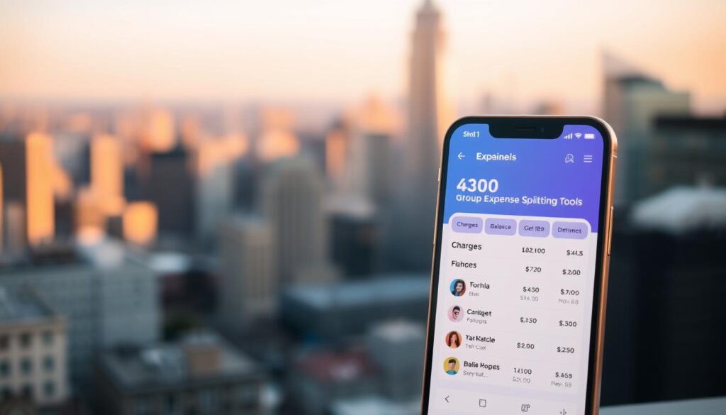 A modern, minimalist mobile app interface showcasing a group expense splitting tool. In the foreground, a clean and intuitive dashboard displays charges, balances, and transaction history between friends. The middle ground features a visually appealing UI with a sleek color palette, crisp typography, and smooth animations. In the background, a blurred city skyline sets the stage for a seamless, on-the-go financial experience. Warm, natural lighting and a subtle depth of field create an inviting, user-friendly atmosphere. The overall design conveys efficiency, collaboration, and a hassle-free way to manage shared travel costs.