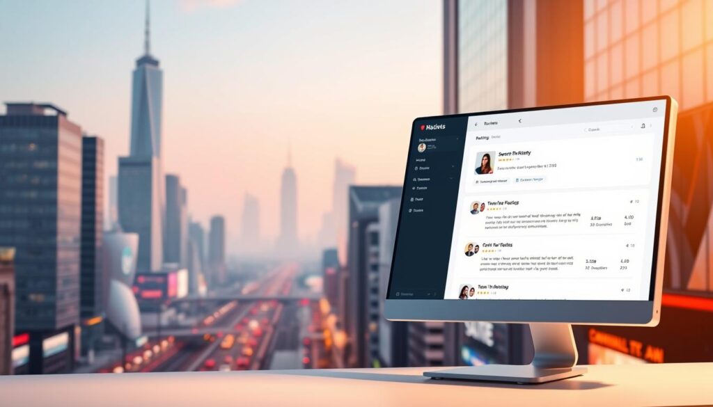 A modern, sleek user reviews platform set against a backdrop of vibrant cityscapes. In the foreground, a clean, minimalist interface showcases customer testimonials, ratings, and review snippets, all rendered in a crisp, high-contrast style. The middle ground features a dynamic grid of user profile avatars, conveying a sense of an active, engaged community. In the background, a hazy skyline of towering skyscrapers and bustling city streets creates a metropolitan ambiance, highlighting the platform's global reach and relevance. The overall scene is illuminated by warm, directional lighting, creating depth and emphasizing the platform's user-centric, trustworthy aesthetic.