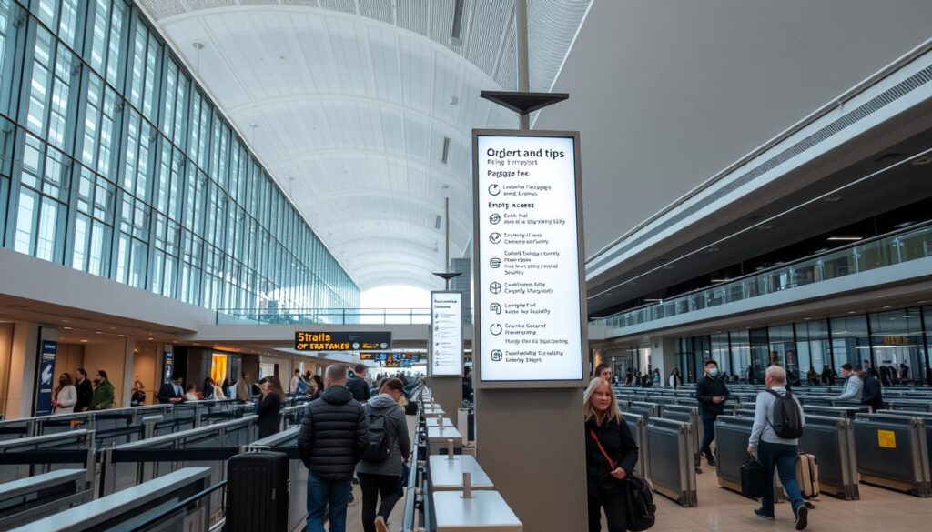 A modern, well-lit airport terminal with high ceilings and glass walls. In the foreground, a busy security checkpoint with travelers neatly queued, their bags passing through X-ray scanners. In the middle ground, a signage board displaying various airport fees and tips, including baggage fees, lounge access, and expedited security. The background features sleek, high-tech architecture with moving walkways and people rushing to their gates. The overall mood is one of efficiency and practicality, with a touch of the bustling energy of international travel. A modern, well-lit airport terminal with high ceilings and glass walls. In the foreground, a busy security checkpoint with travelers neatly queued, their bags passing through X-ray scanners. In the middle ground, a signage board displaying various airport fees and tips, including baggage fees, lounge access, and expedited security. The background features sleek, high-tech architecture with moving walkways and people rushing to their gates. The overall mood is one of efficiency and practicality, with a touch of the bustling energy of international travel.