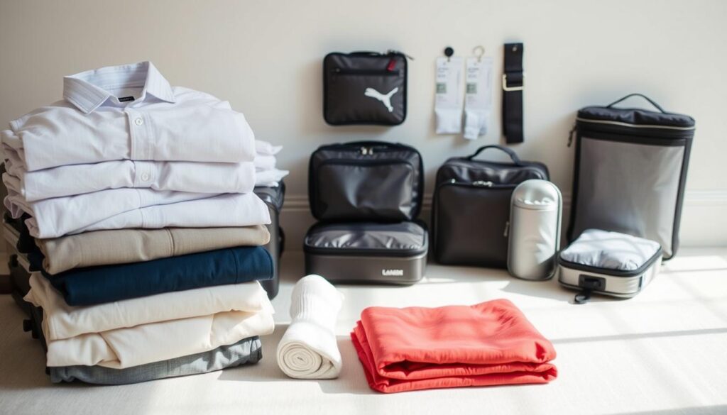 A modestly lit scene showcasing the key principles for packing a carry-on suitcase. In the foreground, neatly folded and stacked clothing items - shirts, pants, socks - demonstrate efficient packing techniques. In the midground, various organizational tools like packing cubes, compression bags, and a toiletry kit are displayed. The background features a minimalist, geometric-patterned backdrop, hinting at the emphasis on streamlined, space-saving packing. The overall mood is one of practical organization and travel readiness, captured through a clean, natural lighting setup and a slightly elevated camera angle. A modestly lit scene showcasing the key principles for packing a carry-on suitcase. In the foreground, neatly folded and stacked clothing items - shirts, pants, socks - demonstrate efficient packing techniques. In the midground, various organizational tools like packing cubes, compression bags, and a toiletry kit are displayed. The background features a minimalist, geometric-patterned backdrop, hinting at the emphasis on streamlined, space-saving packing. The overall mood is one of practical organization and travel readiness, captured through a clean, natural lighting setup and a slightly elevated camera angle.