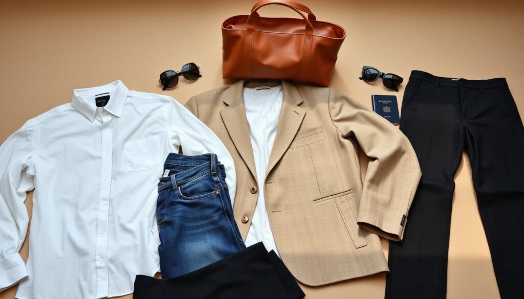 A neatly arranged assortment of versatile travel essentials laid out on a neutral-toned background. In the foreground, a collection of high-quality, minimalist clothing items including a crisp white button-down shirt, a neutral-toned blazer, a pair of classic blue jeans, and a comfortable yet stylish pair of black trousers. In the middle ground, a few carefully selected accessories such as a leather tote bag, a sleek passport holder, and a pair of sunglasses. In the background, a soft, natural lighting illuminates the scene, creating a warm, inviting atmosphere that exudes a sense of sophistication and practicality, perfectly capturing the essence of a versatile travel wardrobe. A neatly arranged assortment of versatile travel essentials laid out on a neutral-toned background. In the foreground, a collection of high-quality, minimalist clothing items including a crisp white button-down shirt, a neutral-toned blazer, a pair of classic blue jeans, and a comfortable yet stylish pair of black trousers. In the middle ground, a few carefully selected accessories such as a leather tote bag, a sleek passport holder, and a pair of sunglasses. In the background, a soft, natural lighting illuminates the scene, creating a warm, inviting atmosphere that exudes a sense of sophistication and practicality, perfectly capturing the essence of a versatile travel wardrobe.