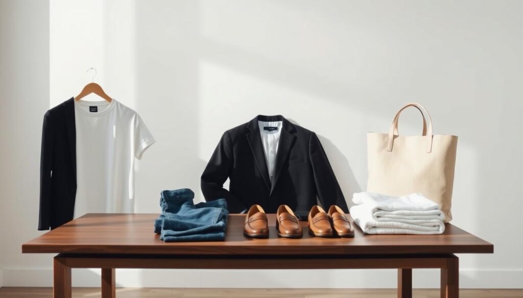 A neatly arranged capsule wardrobe essentials set against a clean, minimalist backdrop. In the foreground, folded white t-shirts, crisp blue jeans, and a tailored black blazer are displayed on a sleek wooden table, illuminated by soft, natural lighting from a large window. In the middle ground, a pair of classic leather loafers and a simple beige tote bag add understated sophistication. The background features a plain white wall, creating a serene, gallery-like atmosphere that allows the curated clothing items to take center stage.