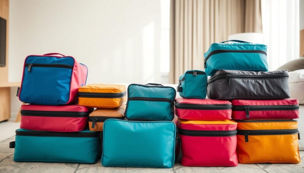 A neatly organized arrangement of various sized packing cubes in an array of vibrant colors, set against a backdrop of a minimalist, well-lit hotel room. Soft, natural lighting filters through the window, casting a warm glow on the carefully packed luggage. The cubes are meticulously placed, showcasing their practical, space-saving design and demonstrating the art of efficient travel packing. The composition highlights the organizational benefits of using packing cubes, inviting the viewer to consider their utility for a seamless travel experience.
