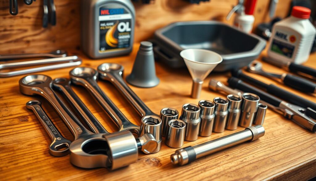 A neatly organized collection of essential oil change tools rests on a wood-grained workbench. In the foreground, a set of various-sized wrenches, sockets, and a torque wrench gleam under warm, directional lighting. In the middle ground, a plastic oil drain pan and a funnel stand ready. In the background, a bottle of new oil and a filter wrench are visible, complementing the scene. The overall mood is one of professional preparedness, with a focus on the specialized equipment required for a thorough and efficient oil change.