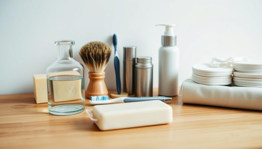A neatly organized collection of essential toiletry items rests on a minimalist, well-lit wooden surface. In the foreground, a classic clear glass bottle, a bar of artisanal soap, and a simple grooming brush capture the essence of practical carry-on travel necessities. The middle ground showcases a compact toothbrush and toothpaste, complemented by a sleek metal deodorant container. In the background, a softly illuminated travel-sized lotion bottle and a set of reusable cotton pads subtly convey the notion of a thoughtful, sustainable journey. The overall composition exudes a sense of streamlined organization and understated elegance, perfectly suited for the "Toiletries and Personal Care for Carry-On Travel" section. A neatly organized collection of essential toiletry items rests on a minimalist, well-lit wooden surface. In the foreground, a classic clear glass bottle, a bar of artisanal soap, and a simple grooming brush capture the essence of practical carry-on travel necessities. The middle ground showcases a compact toothbrush and toothpaste, complemented by a sleek metal deodorant container. In the background, a softly illuminated travel-sized lotion bottle and a set of reusable cotton pads subtly convey the notion of a thoughtful, sustainable journey. The overall composition exudes a sense of streamlined organization and understated elegance, perfectly suited for the "Toiletries and Personal Care for Carry-On Travel" section.