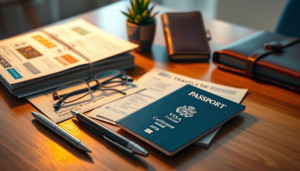 A neatly organized collection of travel documents, including passports, visas, and health certificates, sits on a wooden table illuminated by soft, warm lighting. In the foreground, a metal pen rests alongside a pair of reading glasses, conveying a sense of thoughtful preparation. The middle ground features a small potted plant and a leather-bound journal, hinting at the personal touches that make this travel experience unique. The background is slightly blurred, creating a sense of focus on the essential items. The overall atmosphere is one of diligent organization, attention to detail, and a touch of anticipation for the journey ahead.
