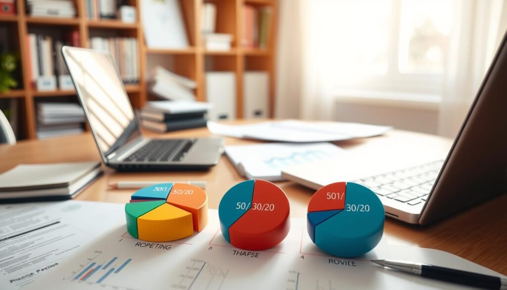 A neatly organized desk with a laptop, calculator, and financial documents, illuminated by warm, natural lighting coming through a window. In the foreground, three pie charts representing the 50/30/20 budgeting rule, with clear, intuitive labeling. In the background, a sense of order and organization, with shelves of books and office supplies. The overall atmosphere conveys a sense of productivity, focus, and financial responsibility.