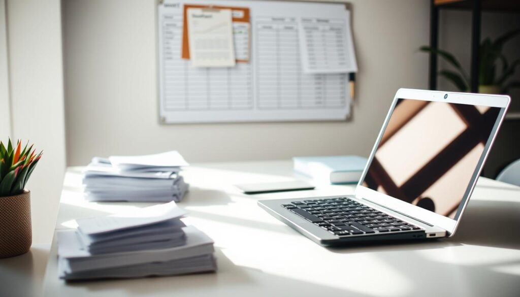 A neatly organized desk with a laptop, calculator, and stack of receipts. Soft, natural lighting illuminates the scene, creating a sense of focus and productivity. In the background, a wall-mounted whiteboard or corkboard displays budgeting spreadsheets and financial notes. The overall mood is one of efficiency and financial awareness, with a touch of minimalism to provide a calming, organized atmosphere.
