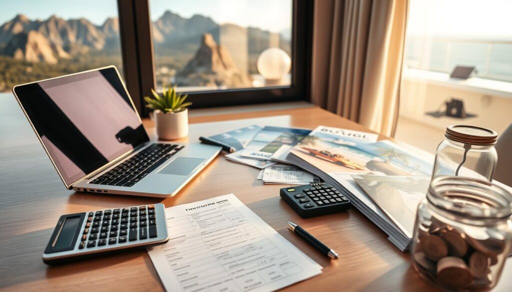 A neatly organized desk with a laptop, calculator, and various financial documents. Warm, soft lighting illuminates the scene, creating a focused and contemplative atmosphere. In the background, a window overlooking a scenic vacation destination, with mountains or a beach visible. A carefully curated collection of vacation brochures, travel guides, and a savings jar sit alongside the budgeting tools, hinting at the planning process. The overall composition conveys a sense of diligent preparation and thoughtful consideration of vacation expenses.